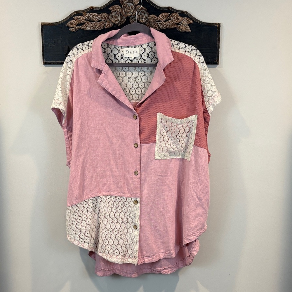 Oli & Hali Pink Patchwork Lace Linen Blend Oversized Top with Pockets Size L - Picture 2 of 8